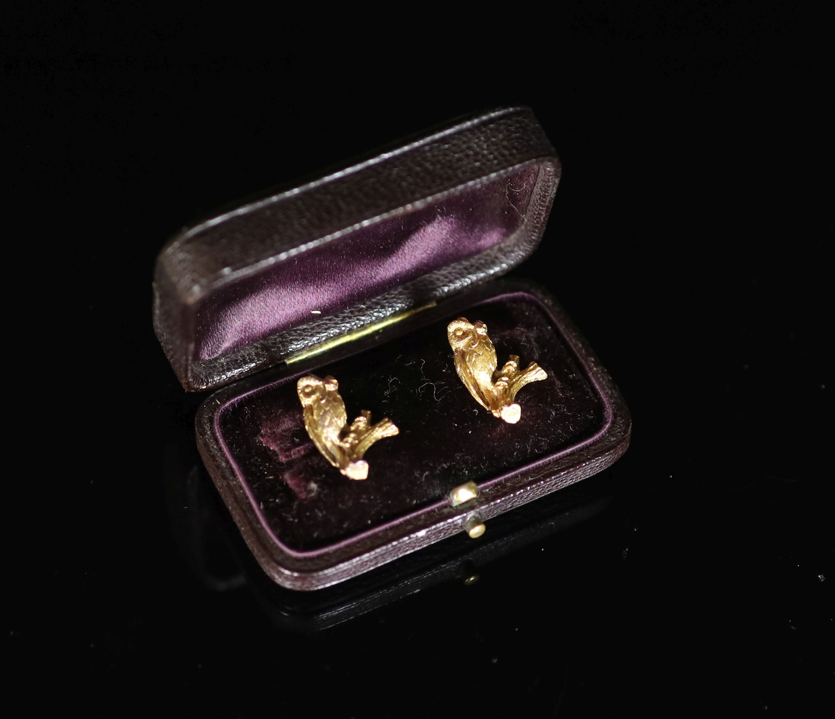 A pair of Victorian 18ct gold owl on a branch dress studs, each holding a mouse in its beak